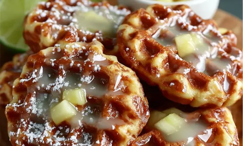 Mini apple fritter waffle donuts served on a plate, drizzled with icing.