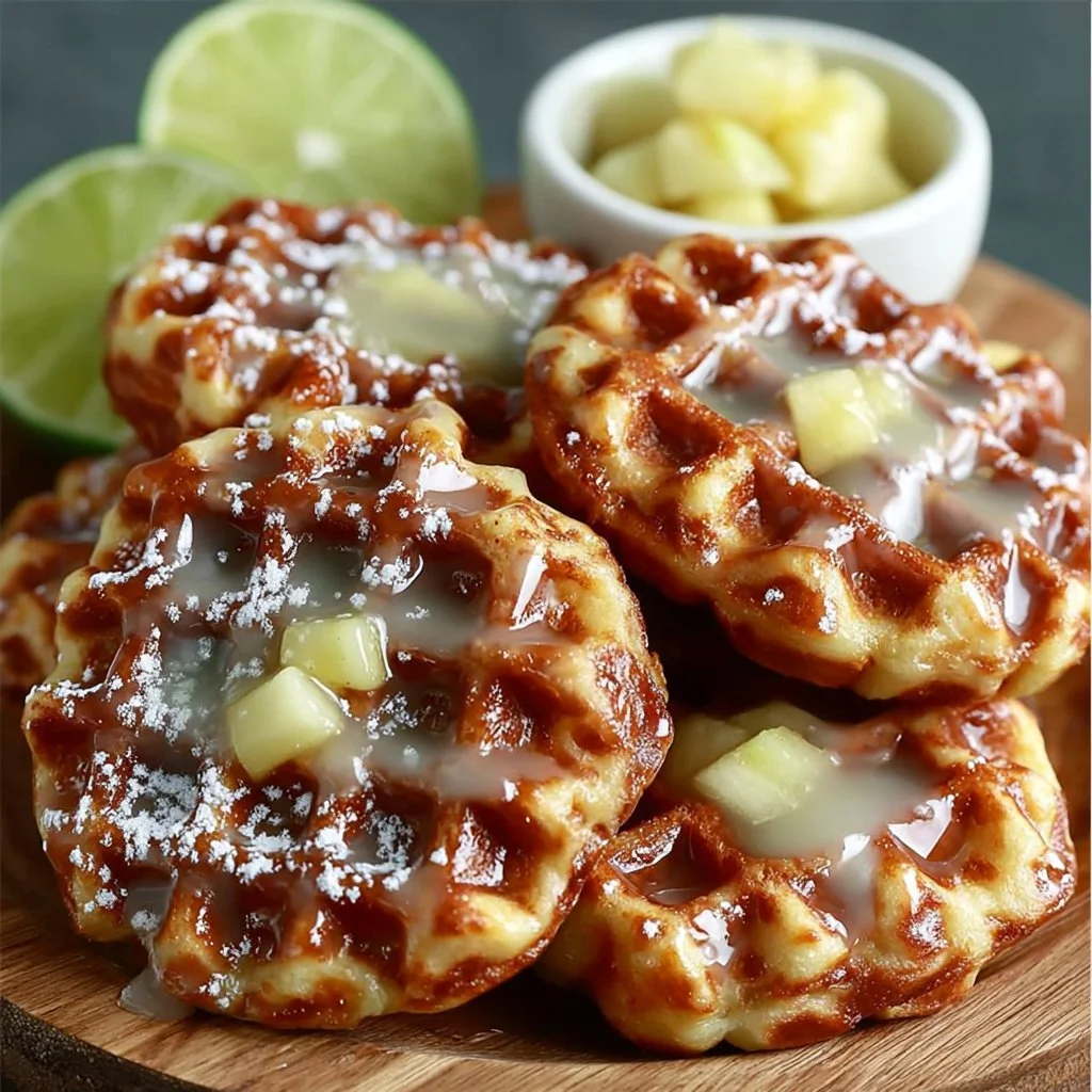 Mini apple fritter waffle donuts served on a plate, drizzled with icing.