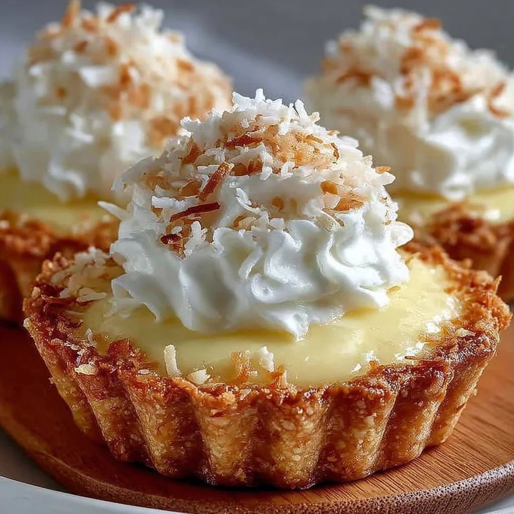 Delicious mini coconut cream pies topped with whipped cream and coconut flakes.