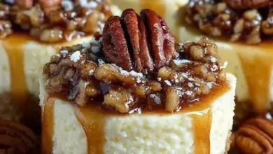 Mini pecan pie cheesecakes on a white plate, topped with pecans and caramel