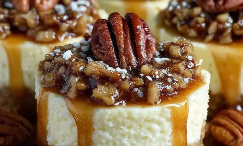 Mini pecan pie cheesecakes on a white plate, topped with pecans and caramel