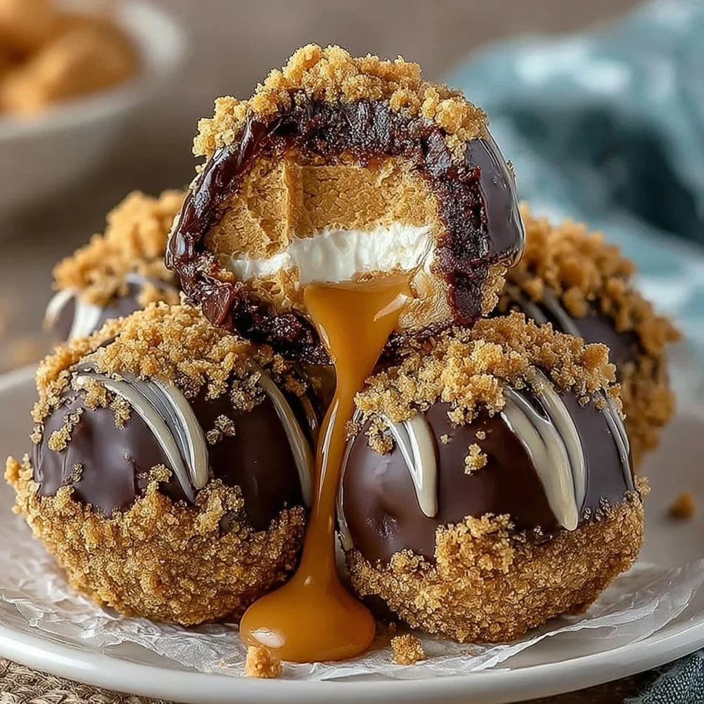 No-bake peanut butter cheesecake balls on a plate, drizzled with chocolate.
