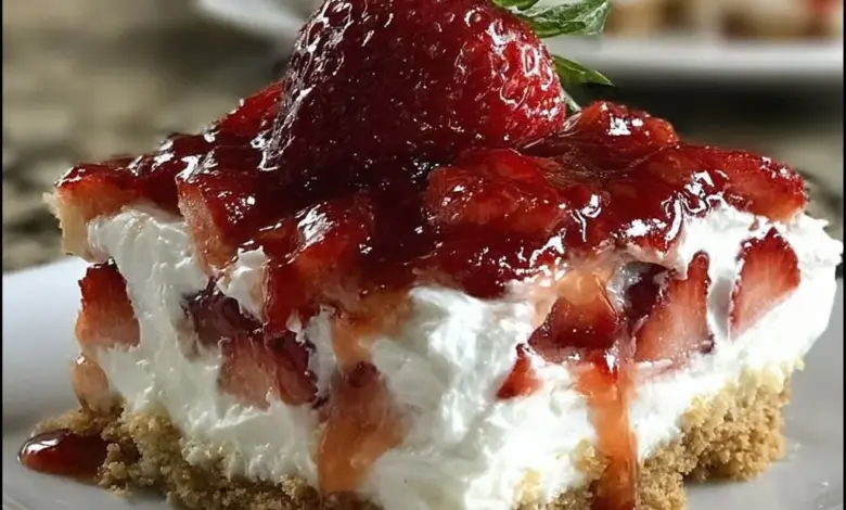 No-Bake Strawberry Cheesecake Lasagna served on a plate