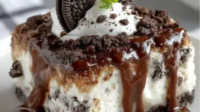 Slice of Oreo Ice Cream Cake Delight topped with chocolate and Oreo pieces