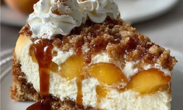 Delicious Peach Cobbler Cheesecake with fresh peaches and a buttery crust.