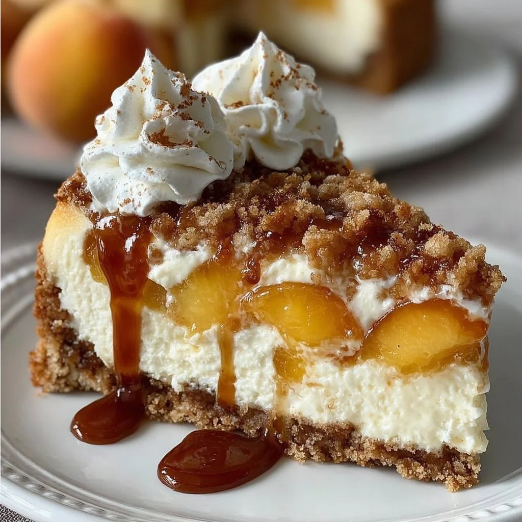 Delicious Peach Cobbler Cheesecake with fresh peaches and a buttery crust.