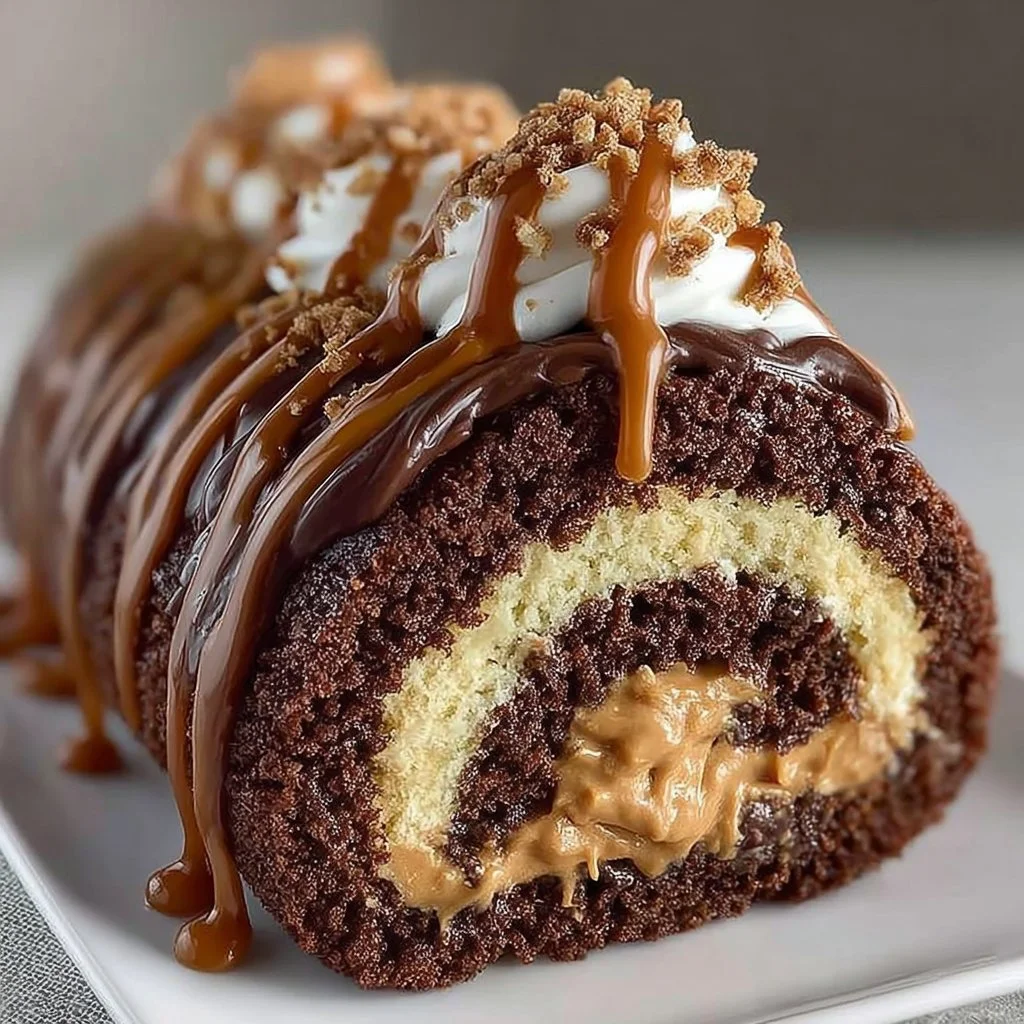 Peanut Butter Cup Chocolate Roll Cake with creamy peanut butter filling