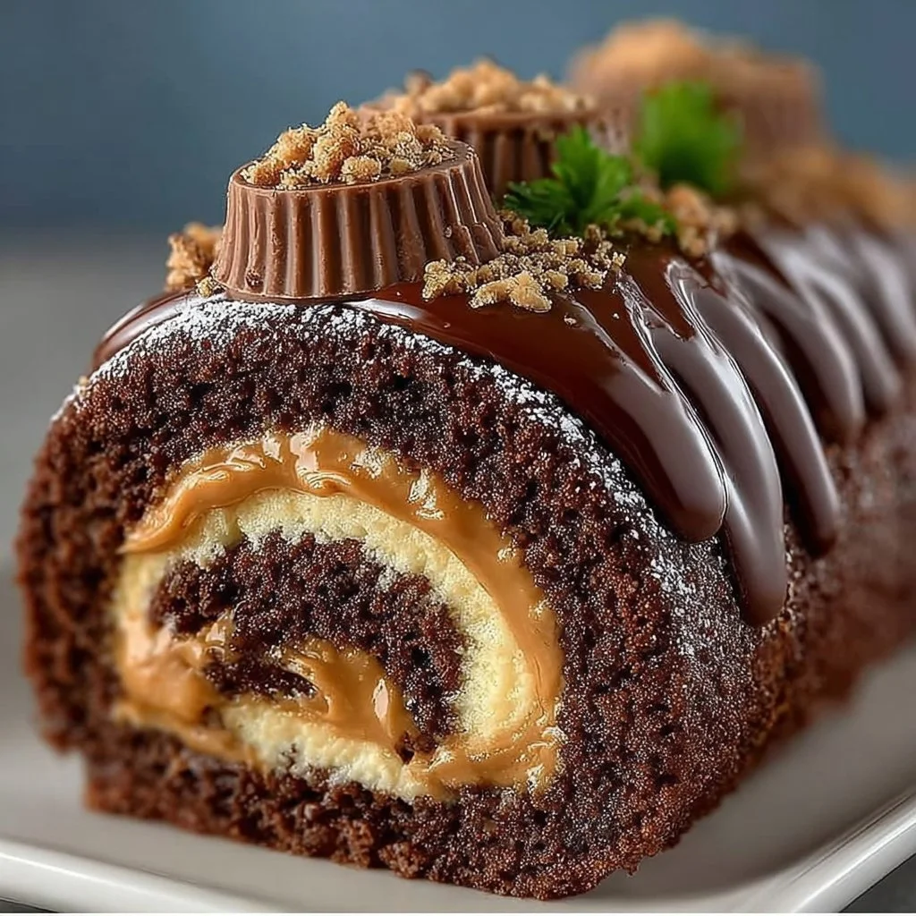 Peanut Butter Cup Chocolate Roll Cake