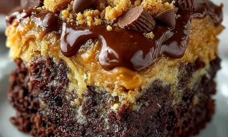 Delicious Peanut Butter Cup Dump Cake topped with chocolate and peanut butter.