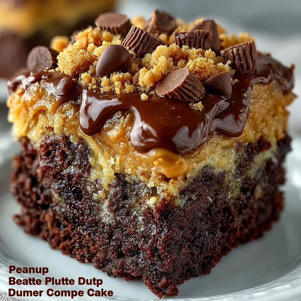 Delicious Peanut Butter Cup Dump Cake topped with chocolate and peanut butter.