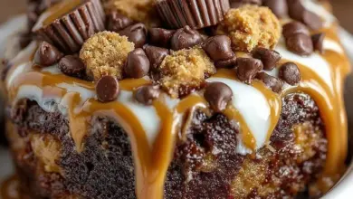 Delicious Peanut Butter Cup Dump Cake with chocolate and peanut butter topping