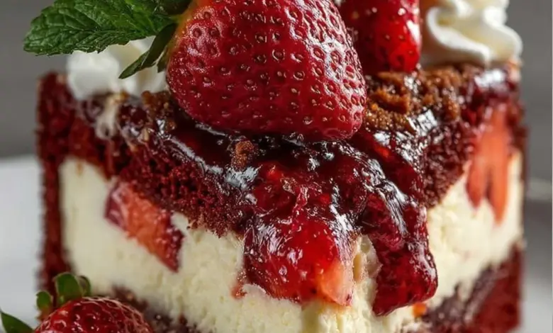 Delicious Red Velvet Strawberry Cheesecake served on a plate