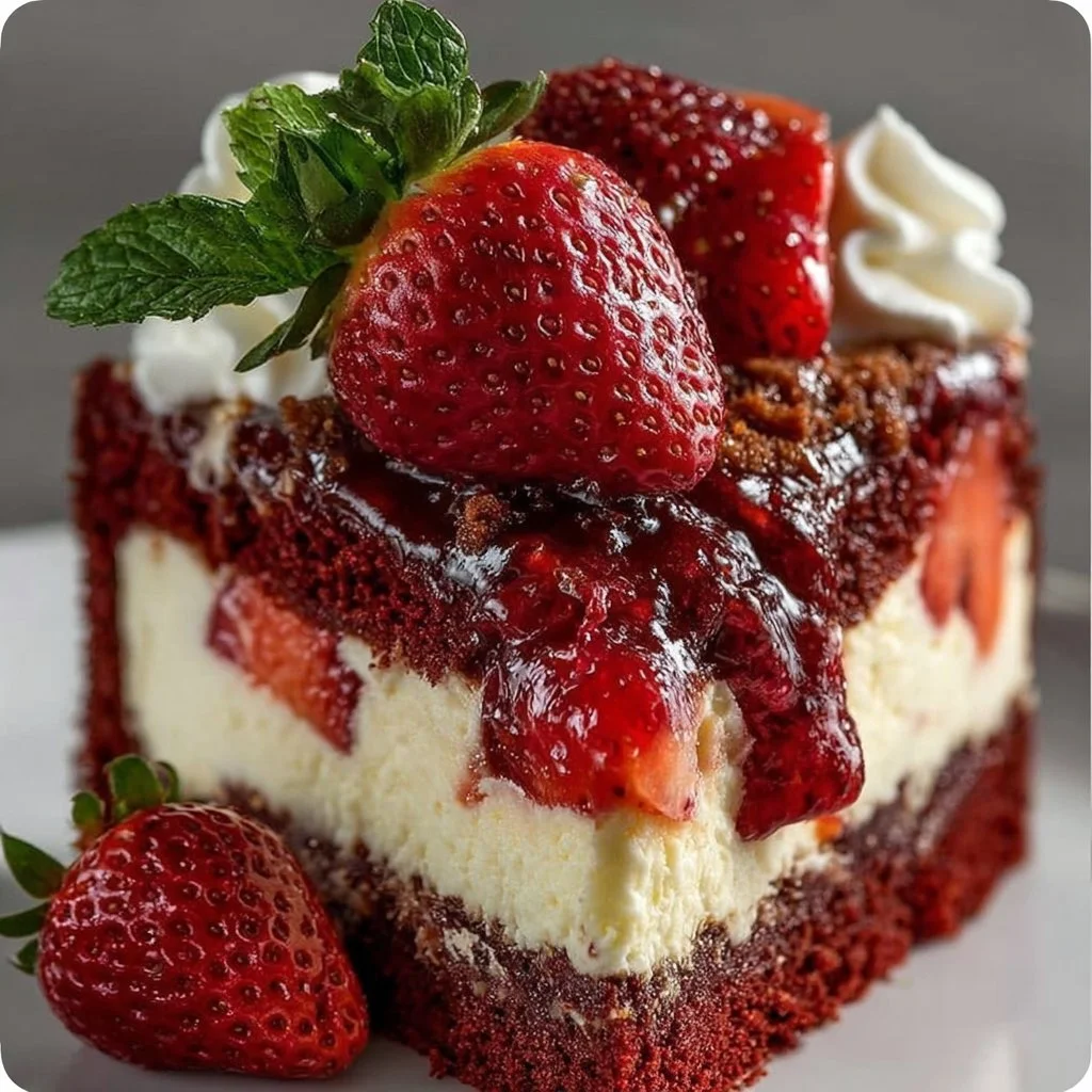 Delicious Red Velvet Strawberry Cheesecake served on a plate