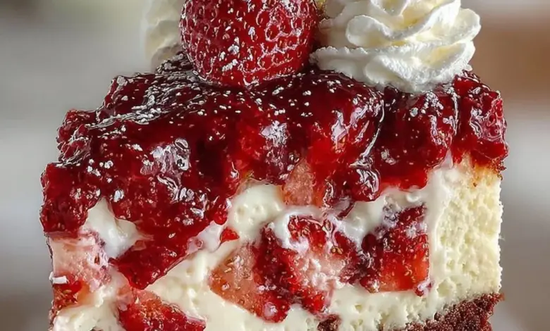 Slice of decadent Red Velvet Strawberry Cheesecake topped with strawberries