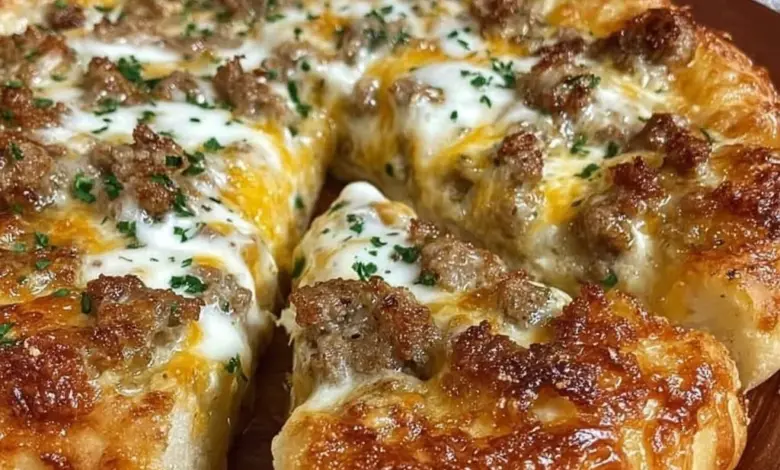 Sausage gravy breakfast pizza topped with cheese and herbs