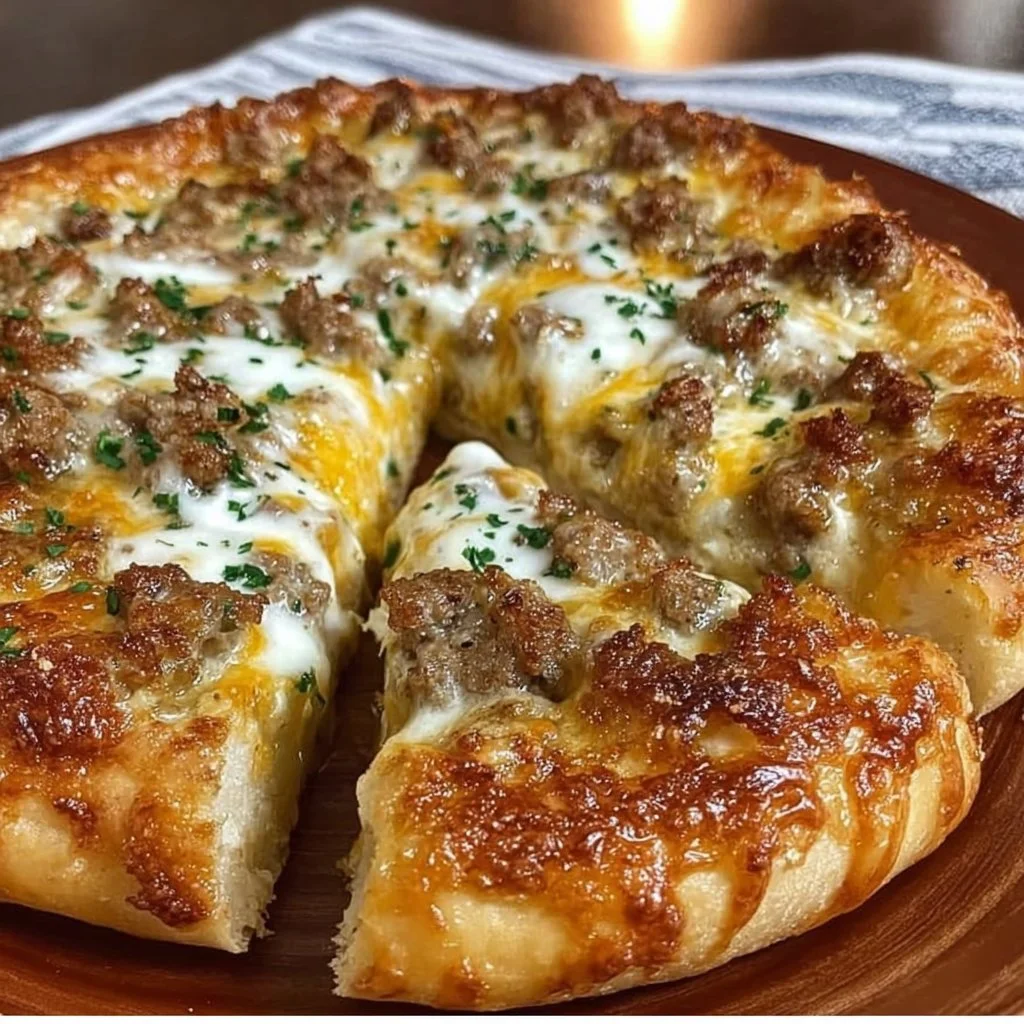 Sausage gravy breakfast pizza topped with cheese and herbs