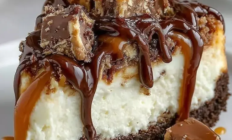 Delicious homemade Snickers Cheesecake topped with chocolate and caramel
