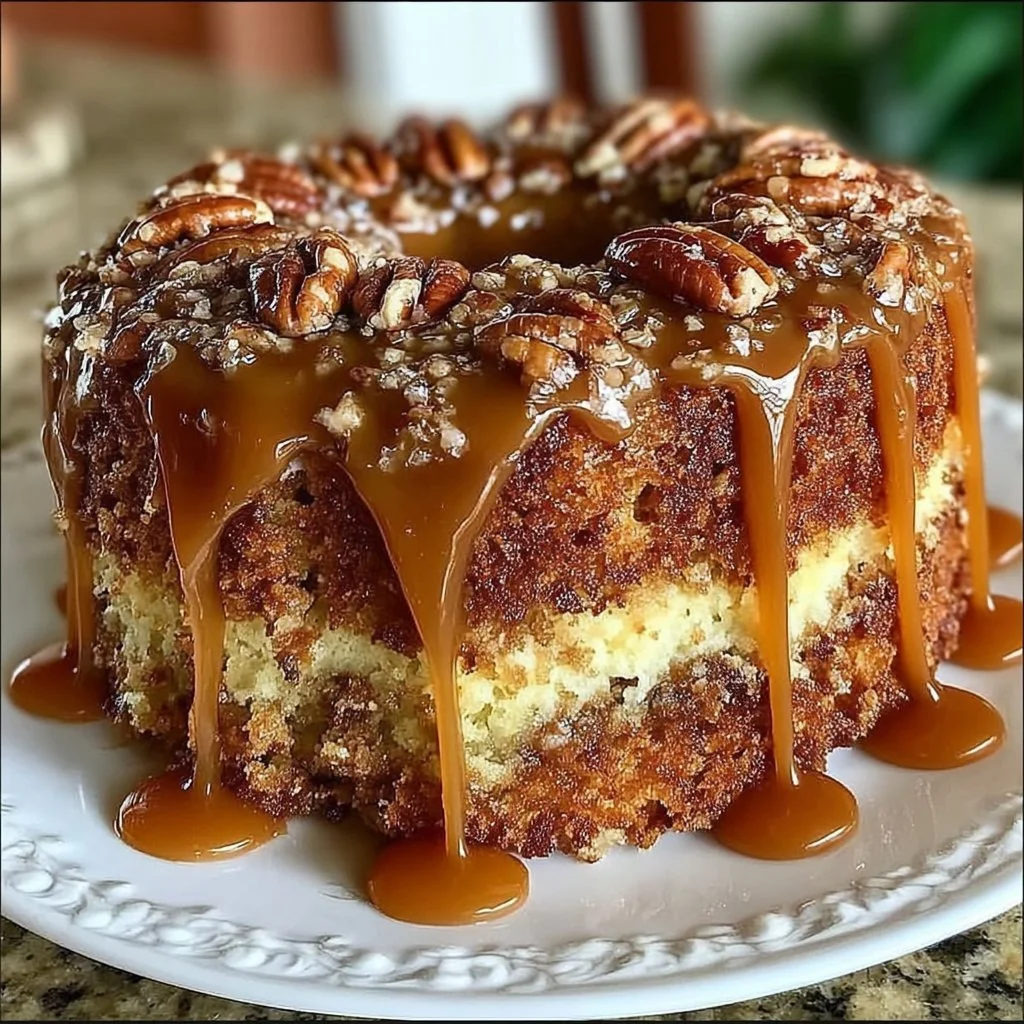 Delicious Southern Pecan Caramel Cake topped with caramel and pecans