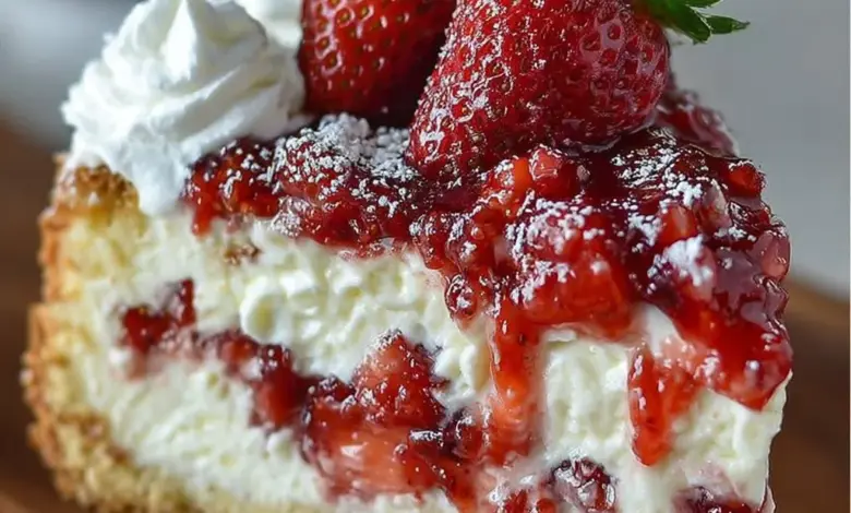 Strawberries and Cream Dream Layer Cheesecake Cake with fresh strawberries and creamy layers