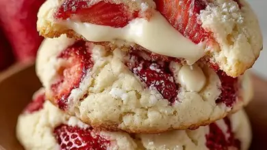 Freshly baked strawberry cheesecake cookies on a cooling rack