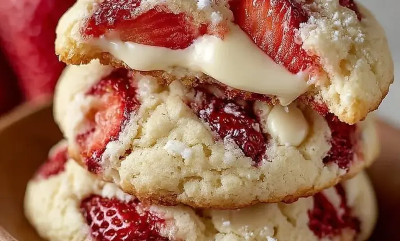 Freshly baked strawberry cheesecake cookies on a cooling rack