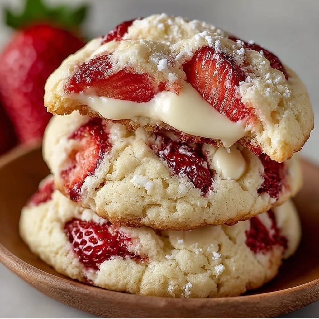 Freshly baked strawberry cheesecake cookies on a cooling rack