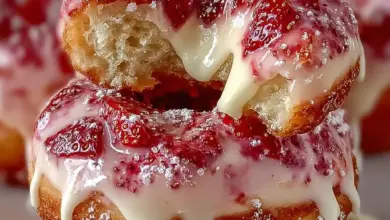 Decadent strawberry cheesecake donuts topped with fresh strawberries and cream
