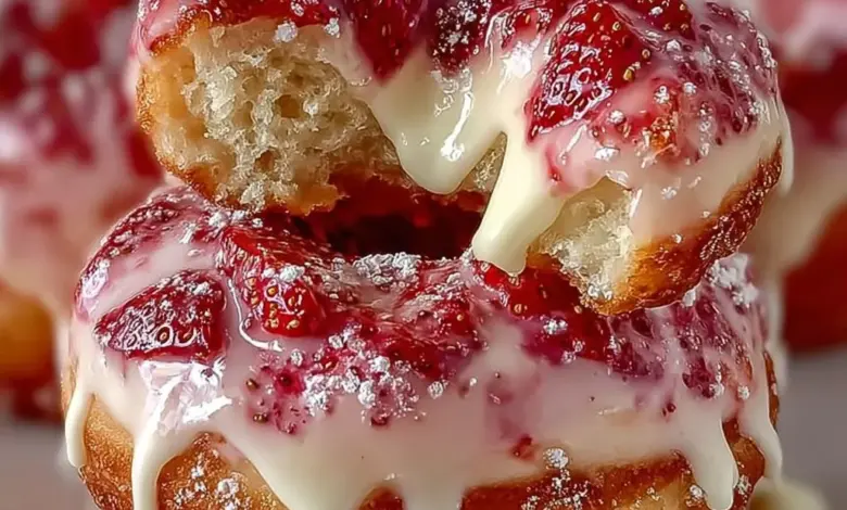 Decadent strawberry cheesecake donuts topped with fresh strawberries and cream