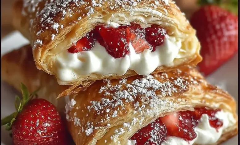 Strawberry cheesecake turnovers fresh out of the oven on a plate