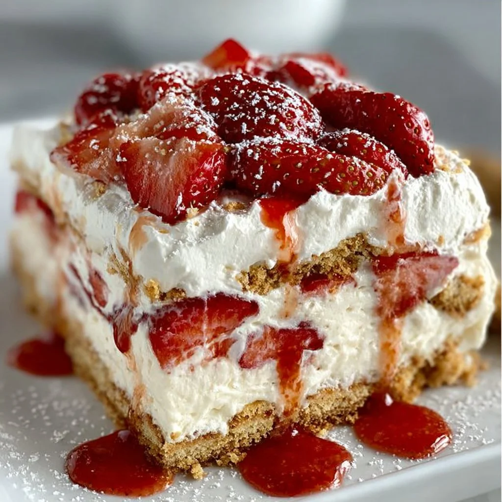 Delicious Strawberry Cream Cheese Icebox Cake topped with fresh strawberries