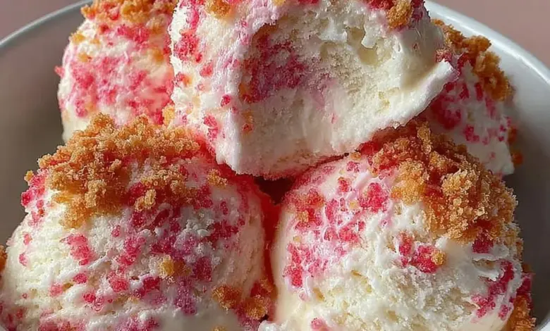 Bowl of strawberry crunch ice cream with crispy topping