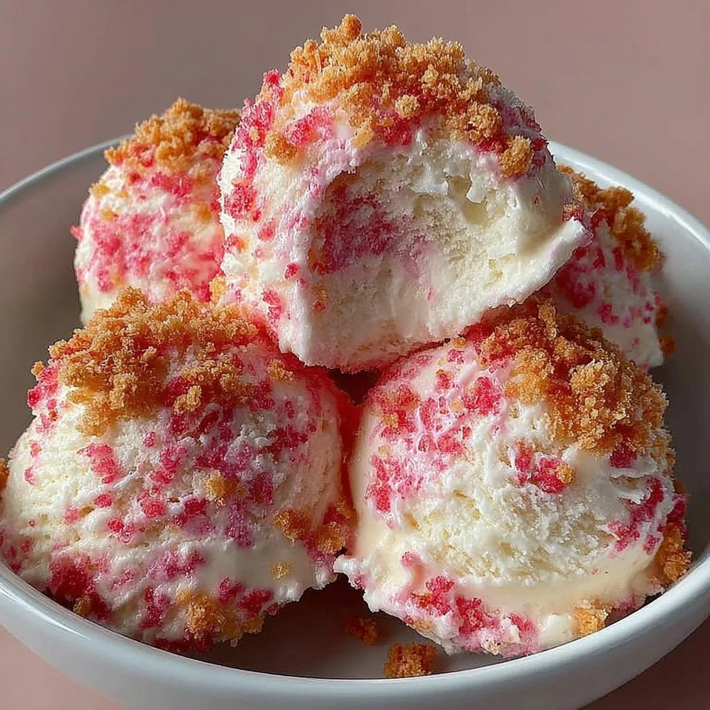 Bowl of strawberry crunch ice cream with crispy topping