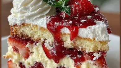 Layered slice of strawberry shortcake with fresh strawberries and cream