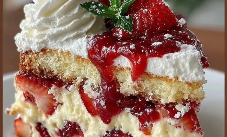 Layered slice of strawberry shortcake with fresh strawberries and cream