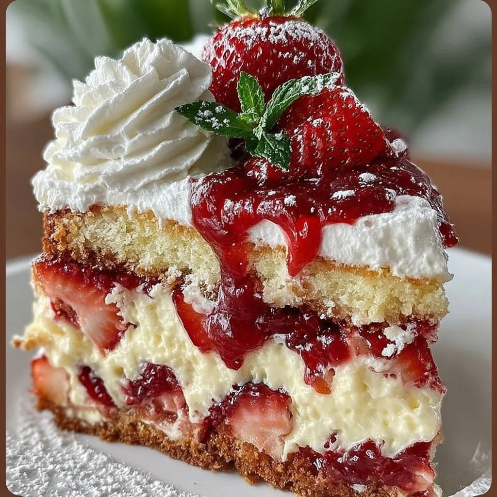 Layered slice of strawberry shortcake with fresh strawberries and cream