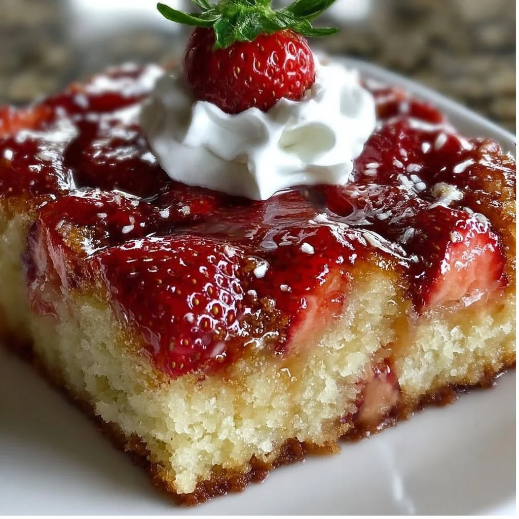 Delicious upside down strawberry cake topped with fresh strawberries