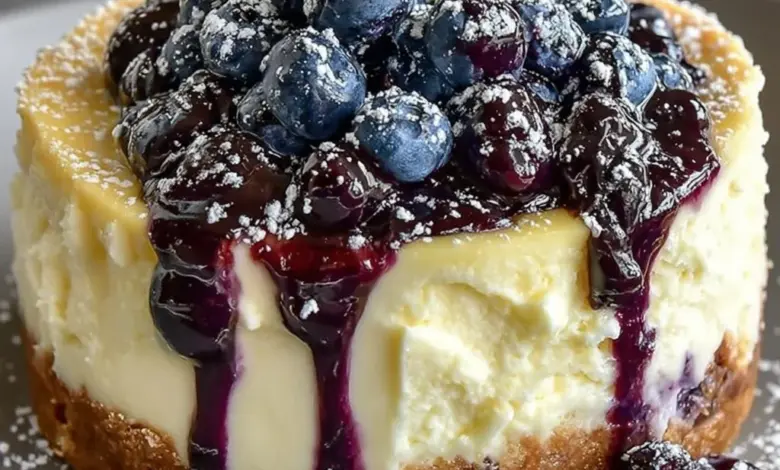 Delicious white chocolate blueberry cheesecake slice topped with fresh blueberries