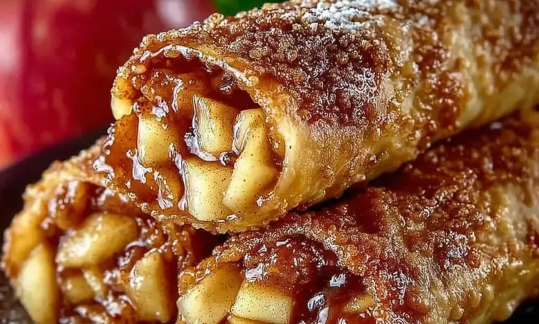 Delicious apple pie egg rolls served with caramel sauce