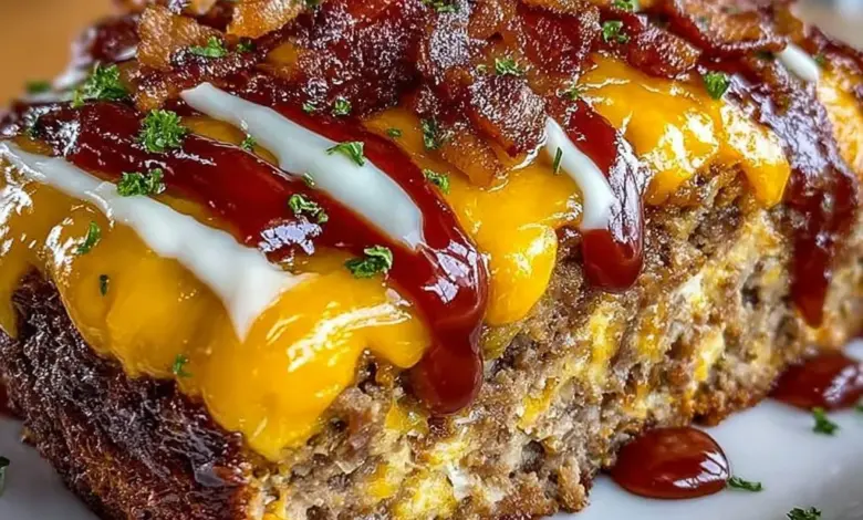 Bacon Cheeseburger Meatloaf topped with cheese, served with a side of vegetables