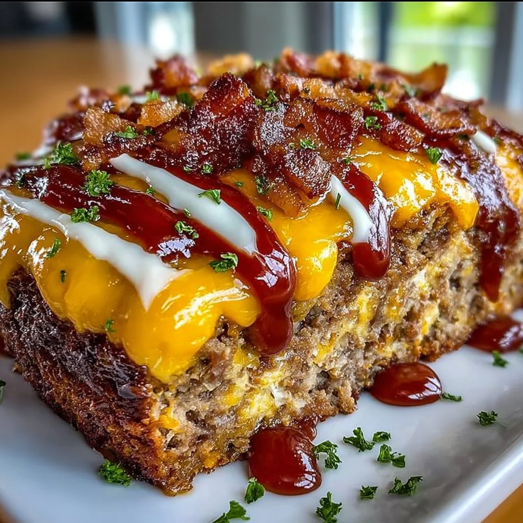 Bacon Cheeseburger Meatloaf topped with cheese, served with a side of vegetables