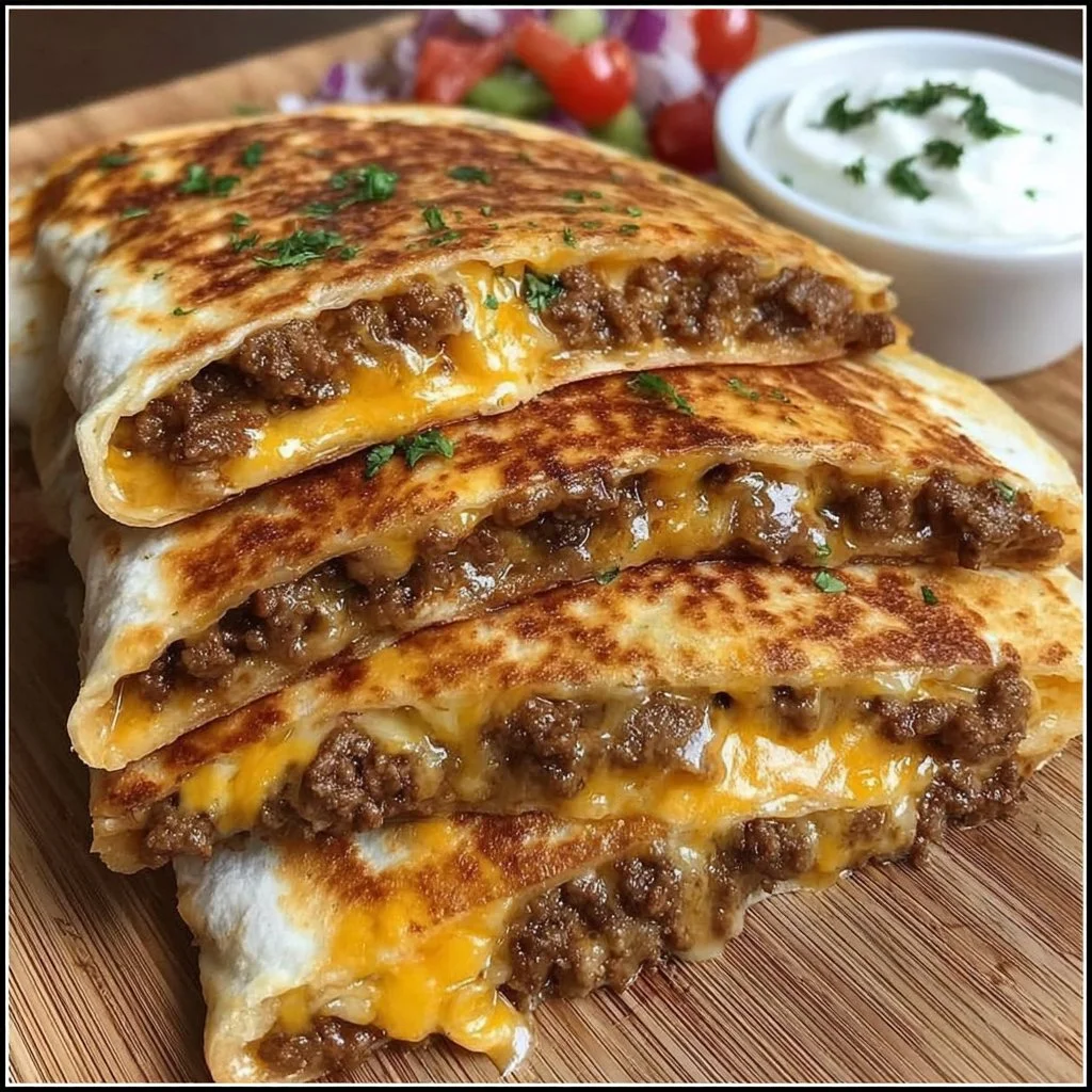 Bacon cheeseburger quesadillas on a plate, garnished and ready to serve.