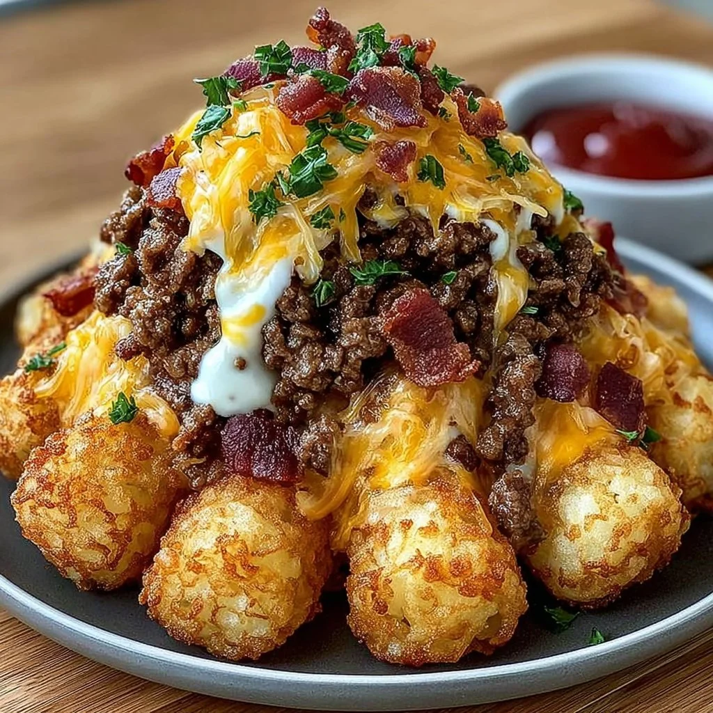 Bacon cheeseburger stuffed tater tot cones served on a plate