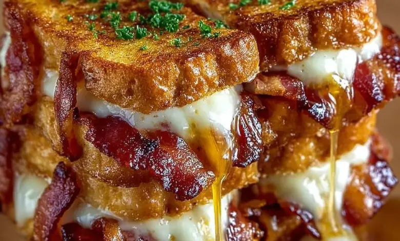 Bacon-wrapped grilled cheese fingers served on a plate with dipping sauce