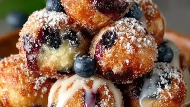 Baked blueberry fritter bites displayed on a white plate with fresh blueberries