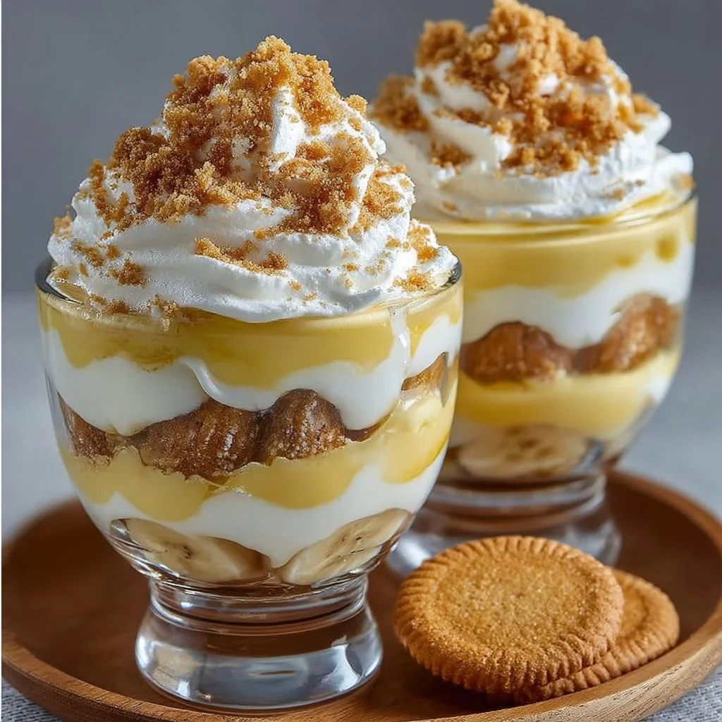 Delicious banana pudding cups topped with whipped cream and banana slices