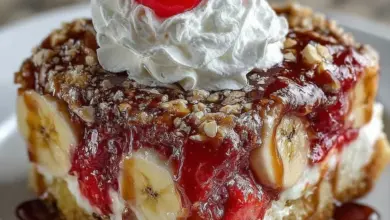 Delicious Banana Split Dump Cake with chocolate, banana, and whipped cream layers.