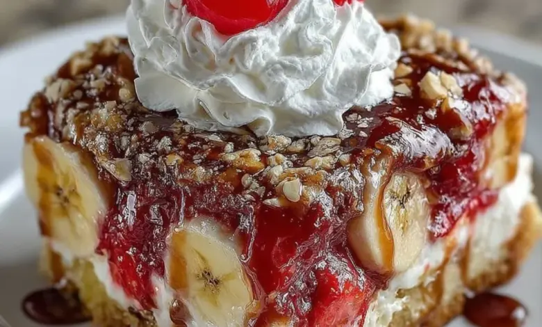 Delicious Banana Split Dump Cake with chocolate, banana, and whipped cream layers.