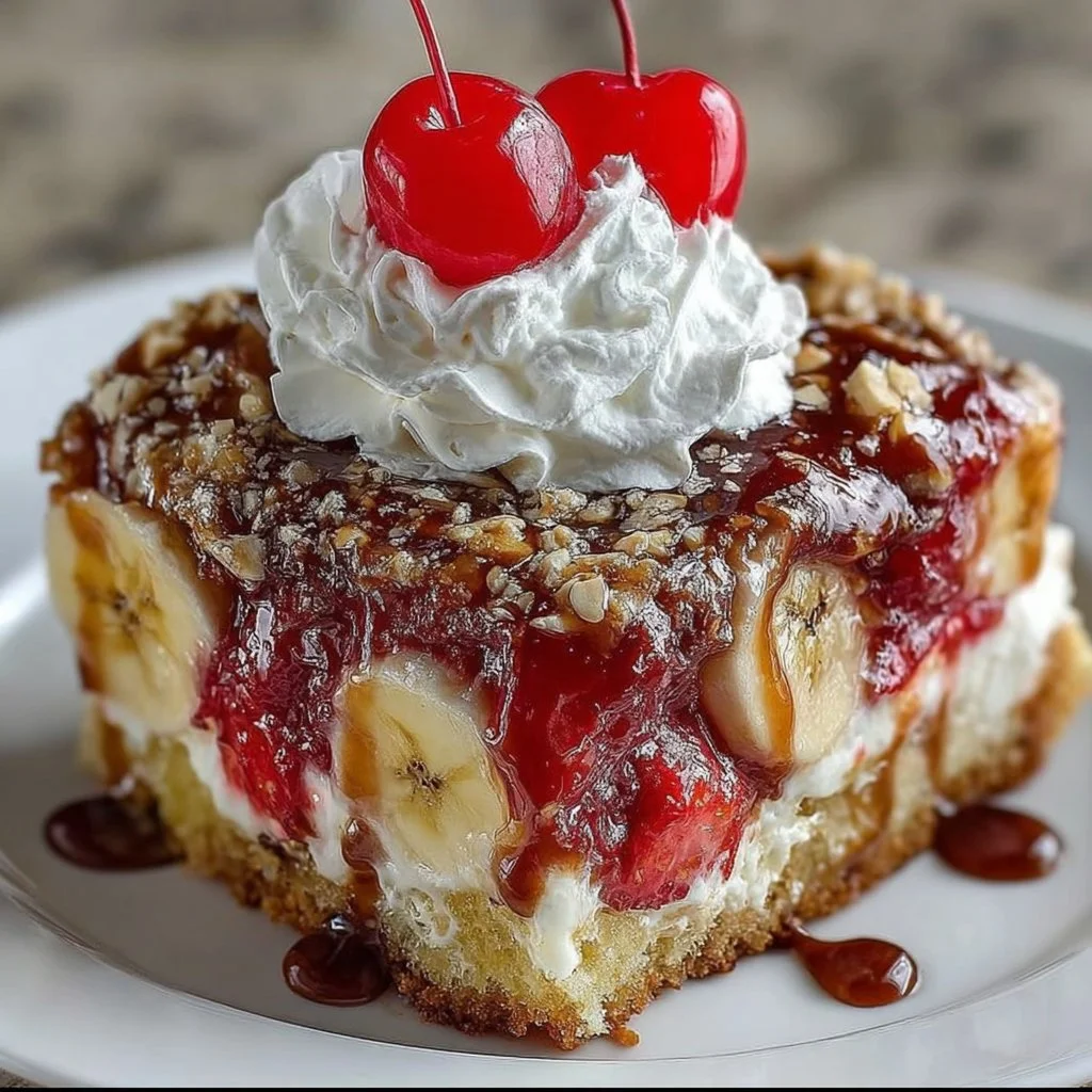 Delicious Banana Split Dump Cake with chocolate, banana, and whipped cream layers.