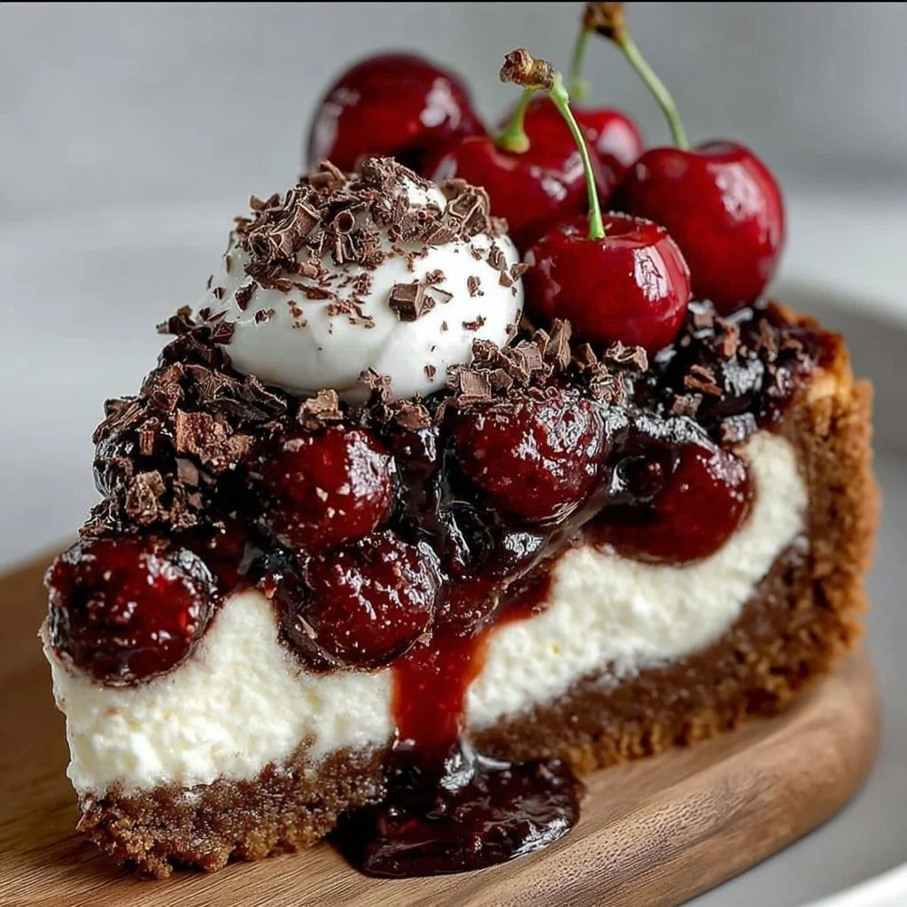 Delicious Black Forest Cheesecake topped with cherries and chocolate shavings