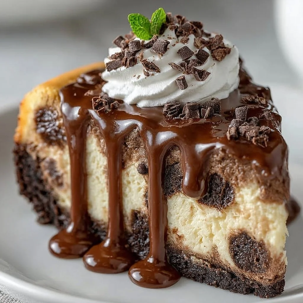 Delicious Boston chocolate cream pie cheesecake topped with chocolate drizzle.